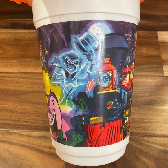 Disney Parks Haunted Railroad Cheshire Cat Mickey Souvenir Popcorn Bucket Orange - Picture 3 of 14